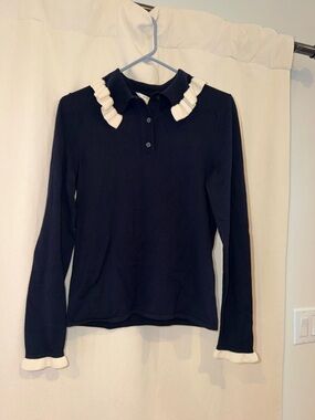 LK Bennett Black Long Sleeve Polo Top with White Ruffle Trim